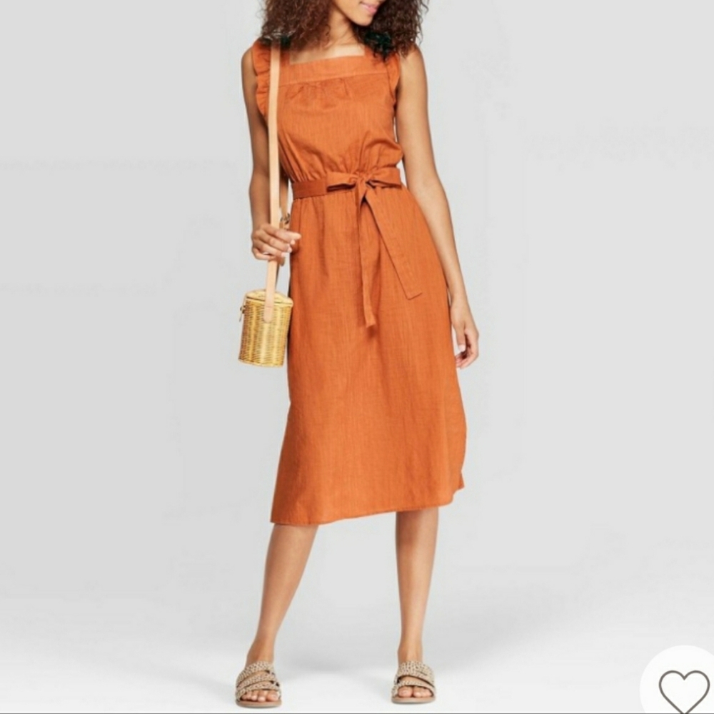 Rust Orange Linen Midi Dress